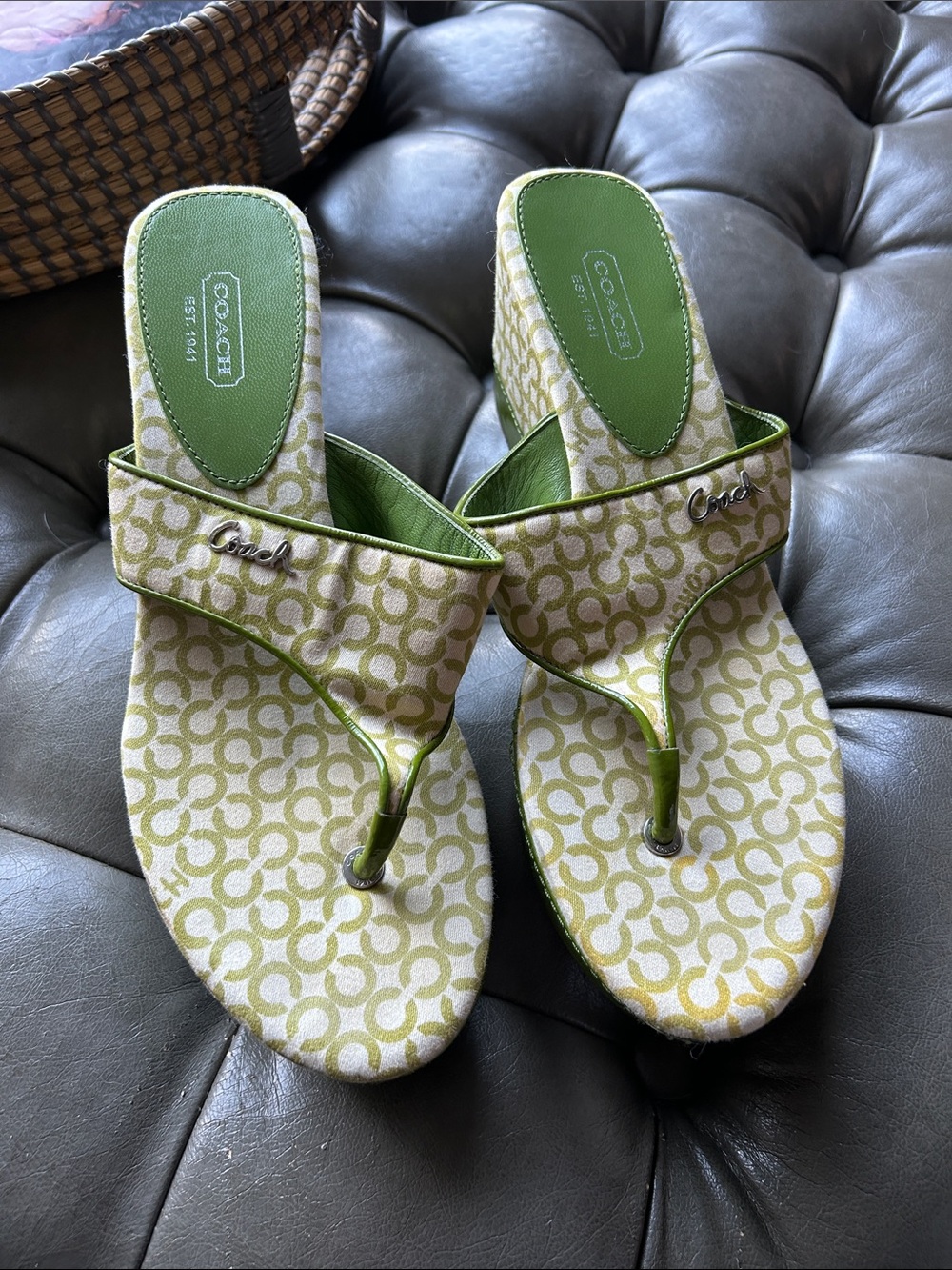 Coach Green Signature Logo Thong Sandals